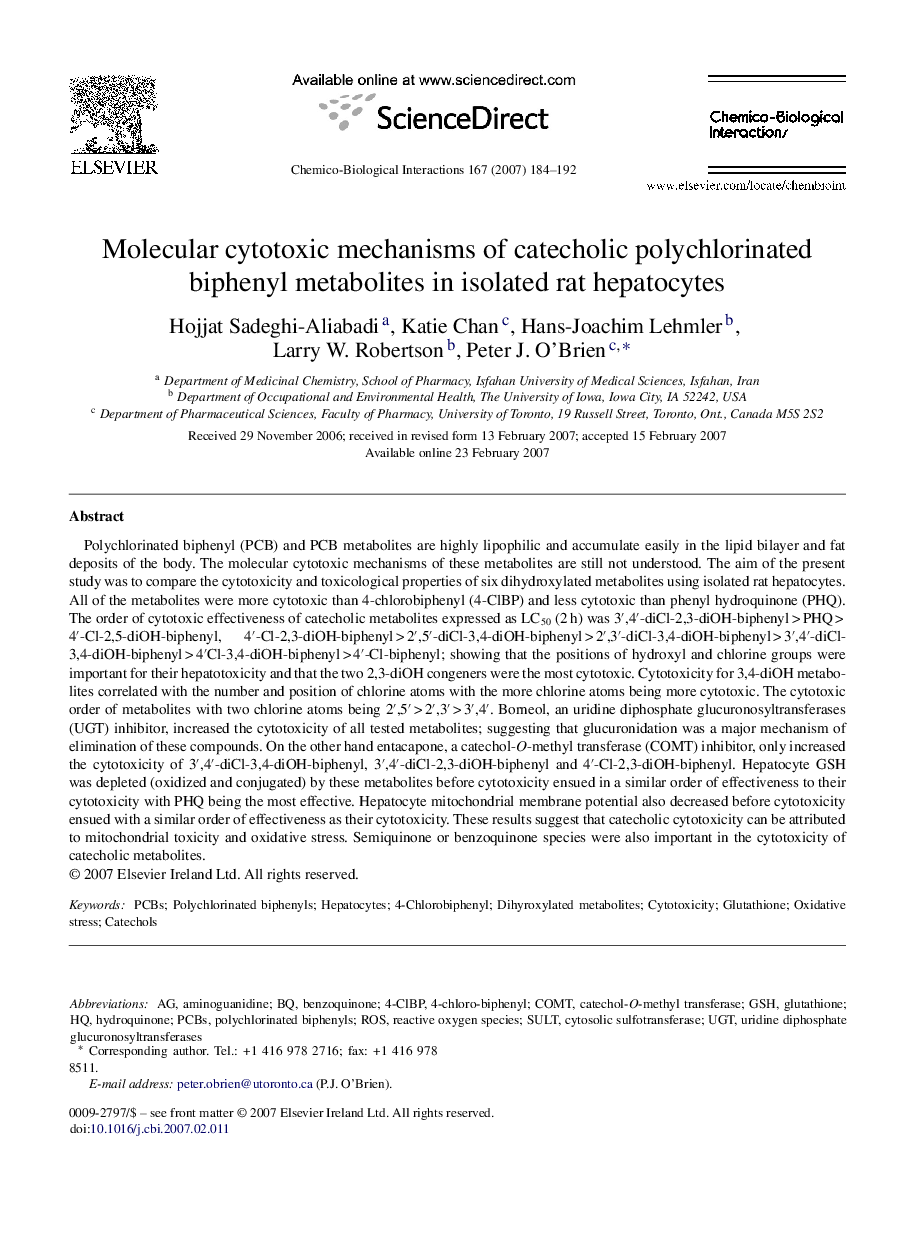 Molecular cytotoxic mechanisms of catecholic polychlorinated biphenyl metabolites in isolated rat hepatocytes