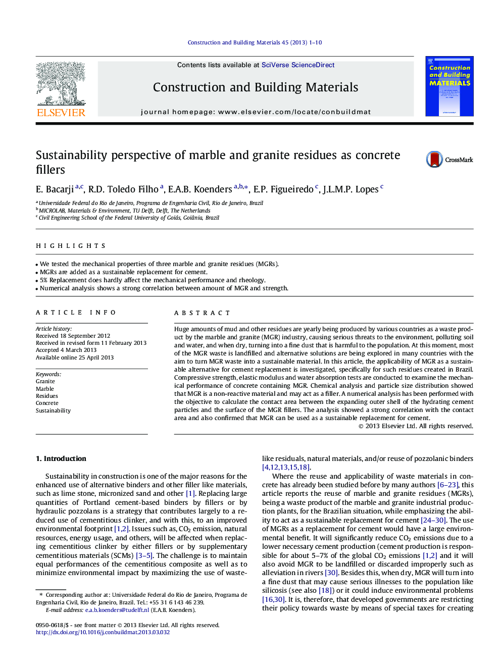 Sustainability perspective of marble and granite residues as concrete fillers