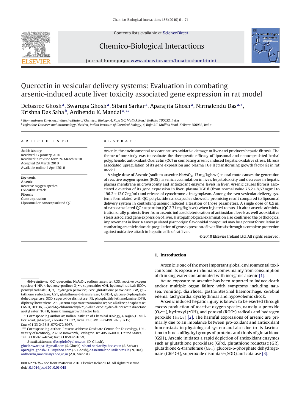 Quercetin in vesicular delivery systems: Evaluation in combating arsenic-induced acute liver toxicity associated gene expression in rat model