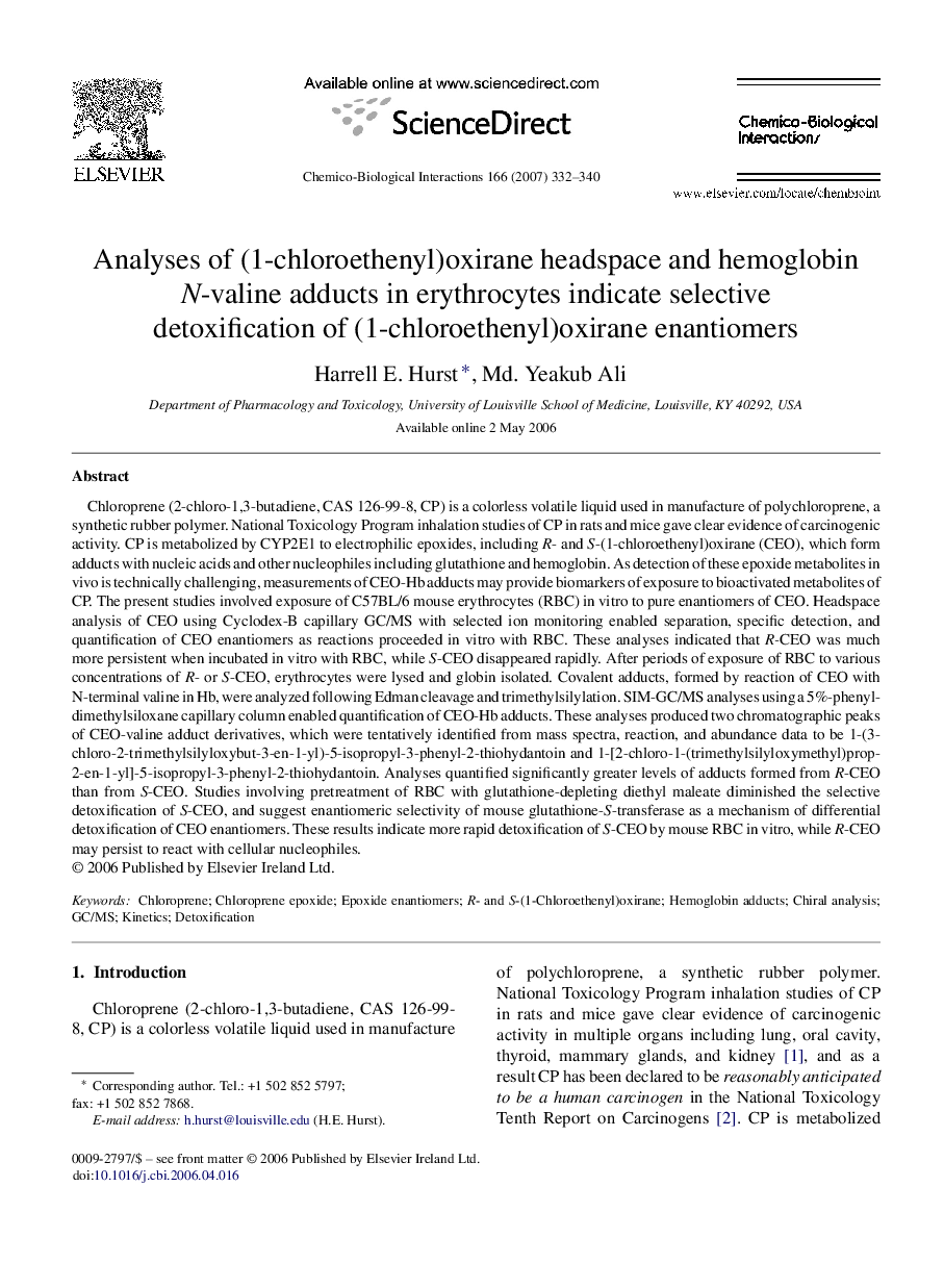 Analyses of (1-chloroethenyl)oxirane headspace and hemoglobin N-valine adducts in erythrocytes indicate selective detoxification of (1-chloroethenyl)oxirane enantiomers