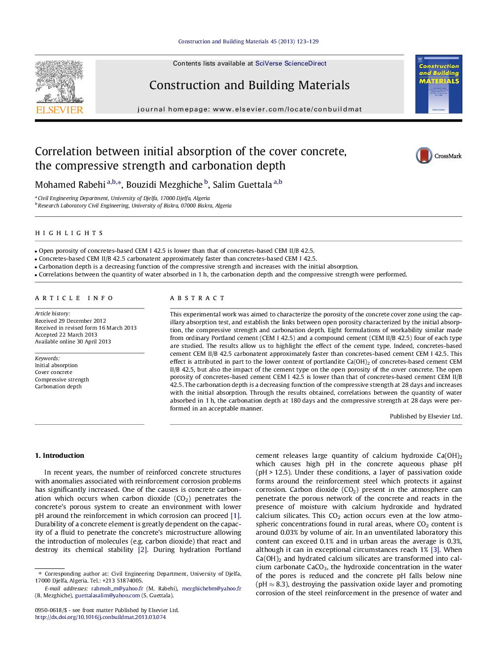 Correlation between initial absorption of the cover concrete, the compressive strength and carbonation depth