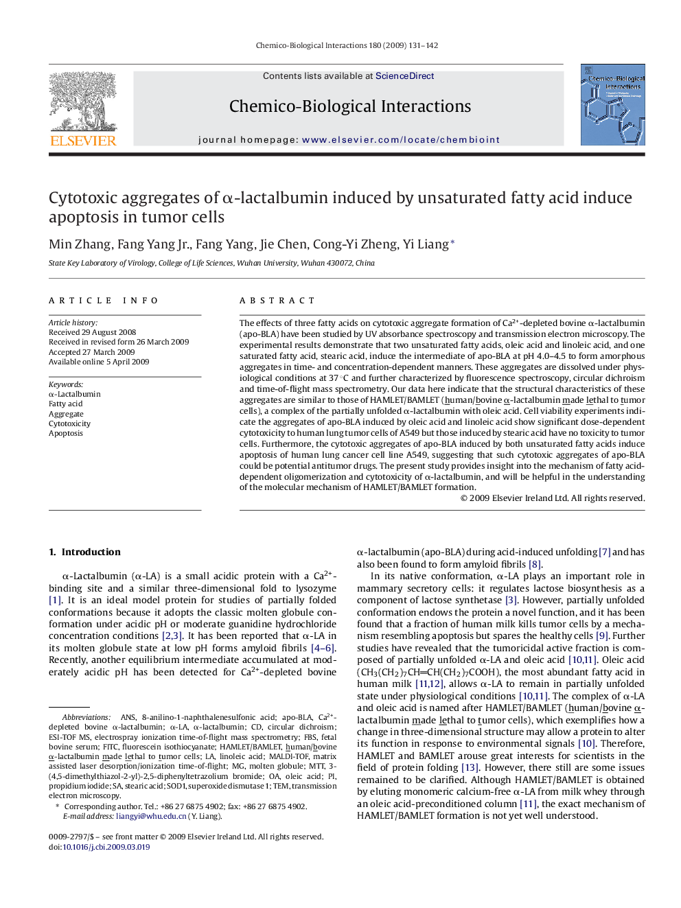 Cytotoxic aggregates of Î±-lactalbumin induced by unsaturated fatty acid induce apoptosis in tumor cells