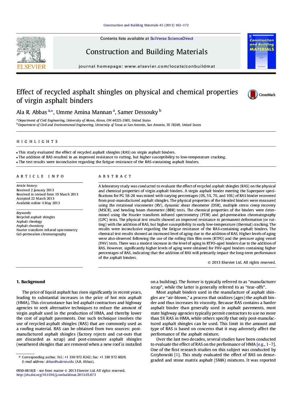 Effect of recycled asphalt shingles on physical and chemical properties of virgin asphalt binders
