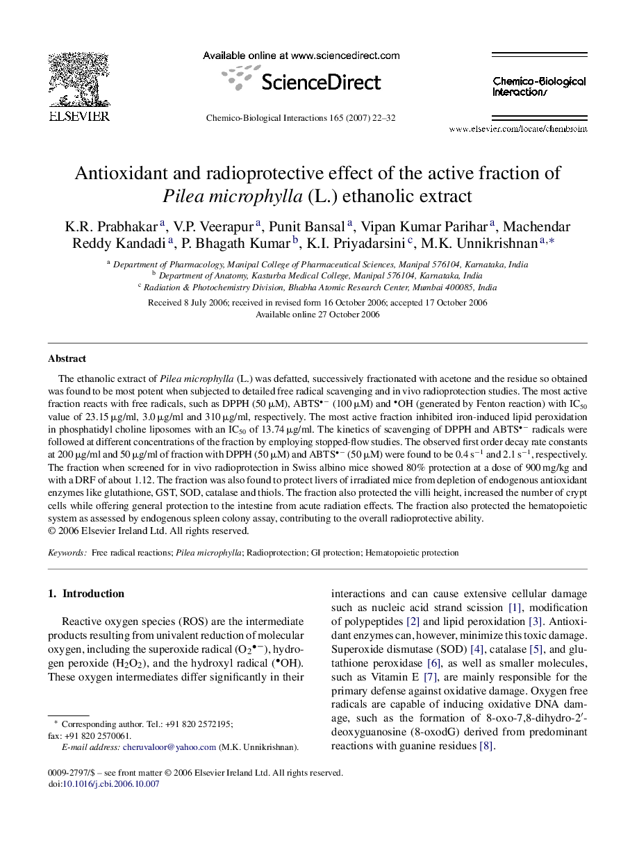 Antioxidant and radioprotective effect of the active fraction of Pilea microphylla (L.) ethanolic extract