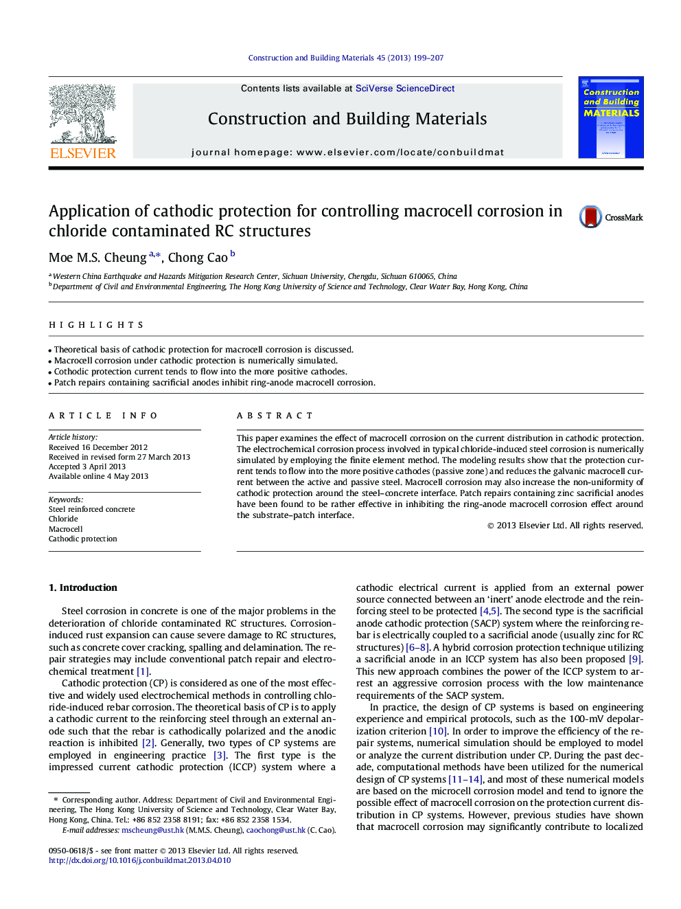 Application of cathodic protection for controlling macrocell corrosion in chloride contaminated RC structures