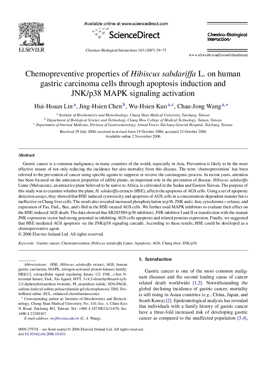 Chemopreventive properties of Hibiscus sabdariffa L. on human gastric carcinoma cells through apoptosis induction and JNK/p38 MAPK signaling activation