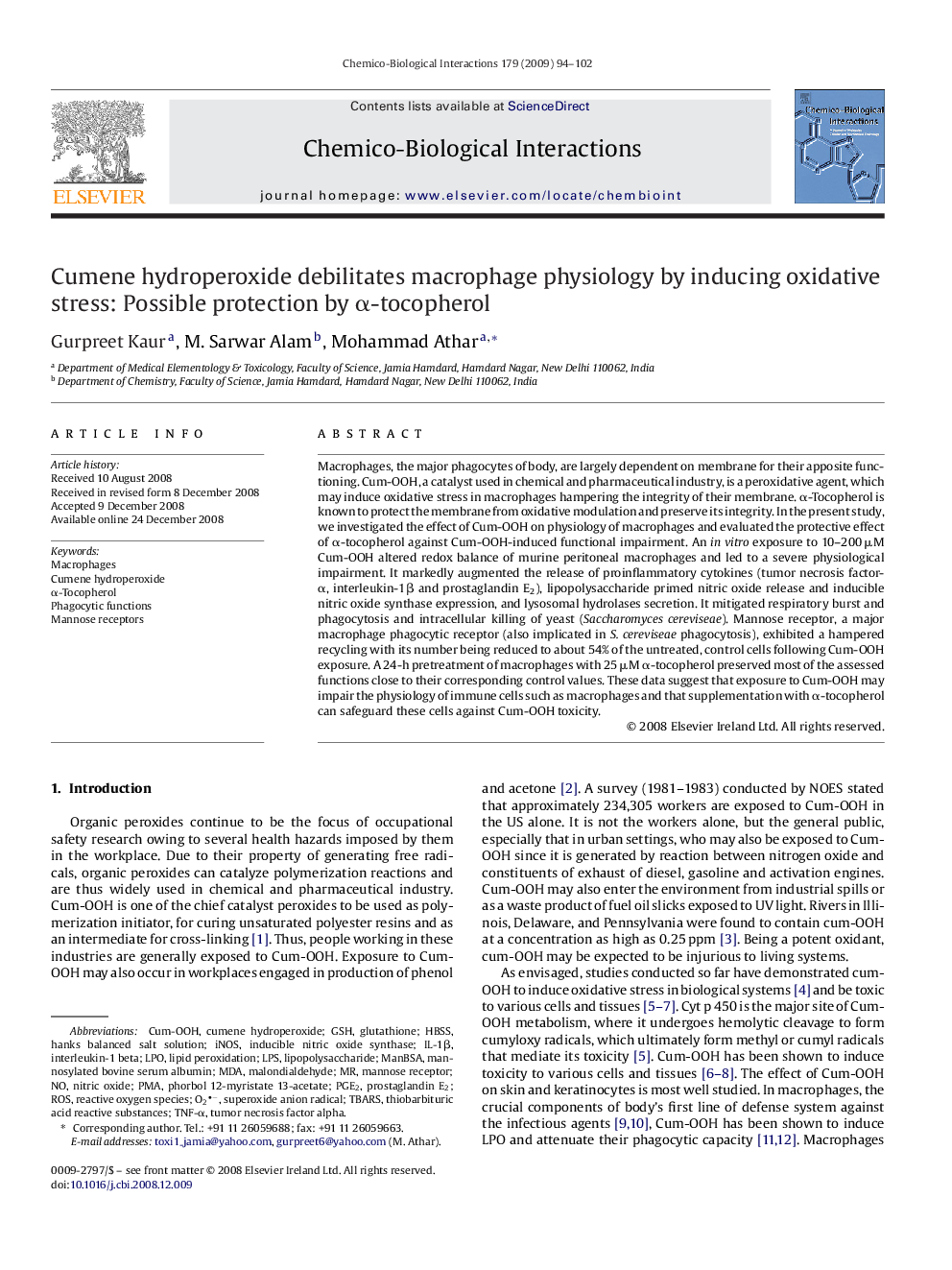 Cumene hydroperoxide debilitates macrophage physiology by inducing oxidative stress: Possible protection by α-tocopherol