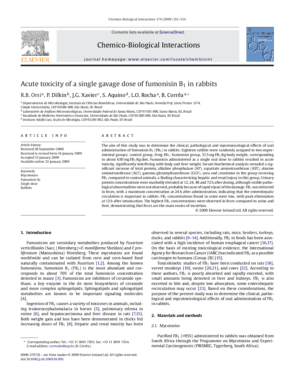 Acute toxicity of a single gavage dose of fumonisin B1 in rabbits