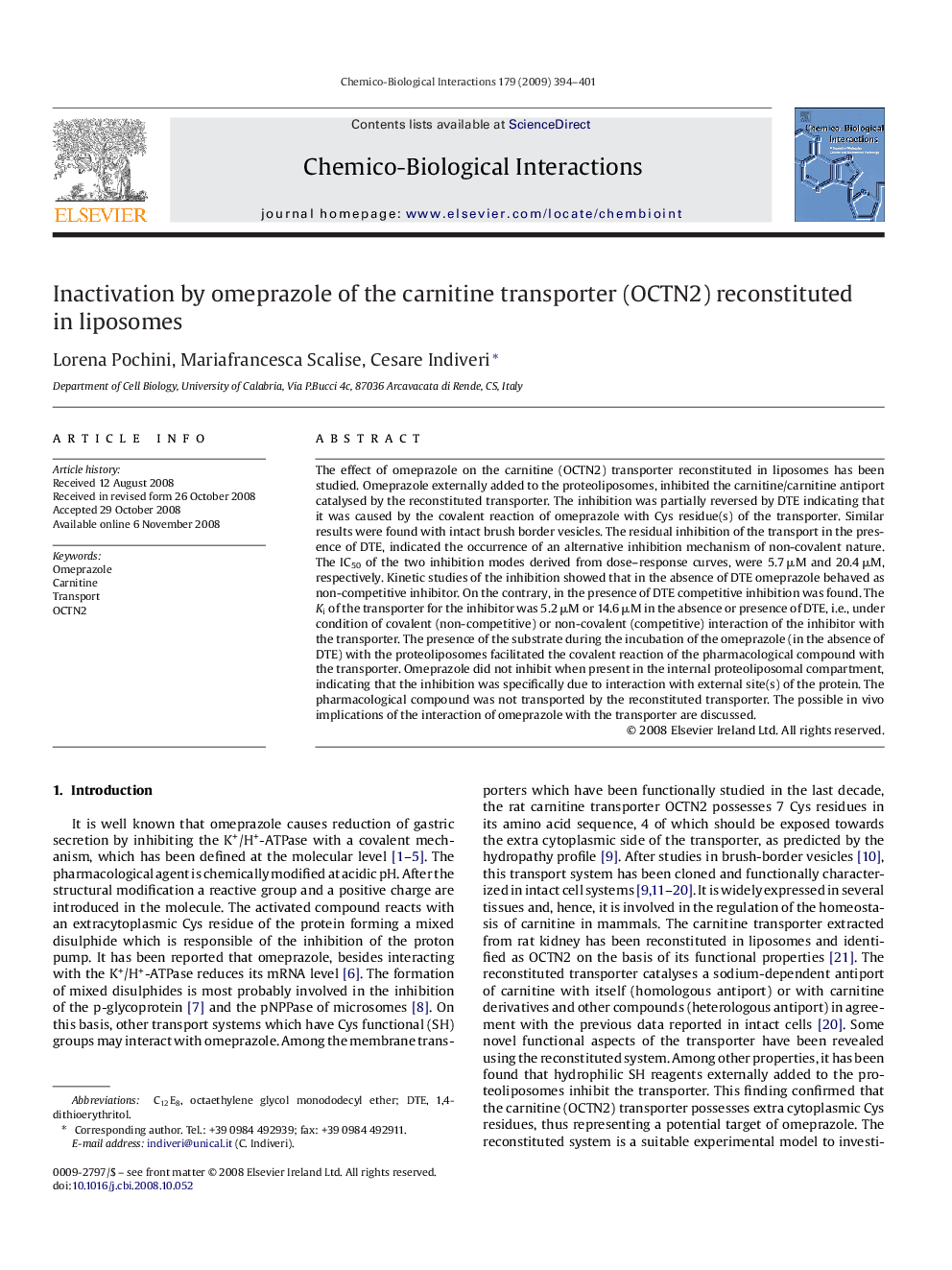 Inactivation by omeprazole of the carnitine transporter (OCTN2) reconstituted in liposomes