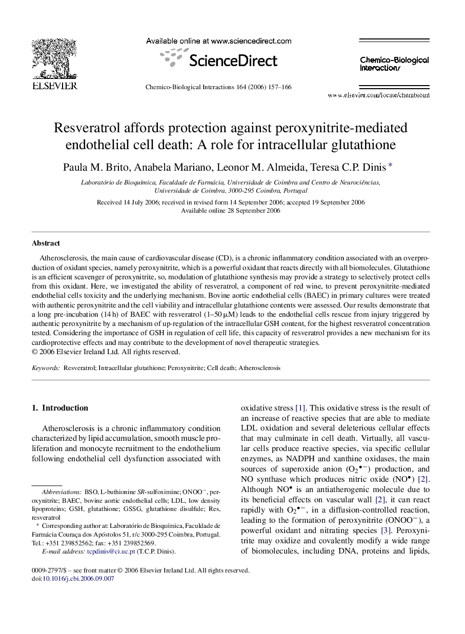 Resveratrol affords protection against peroxynitrite-mediated endothelial cell death: A role for intracellular glutathione