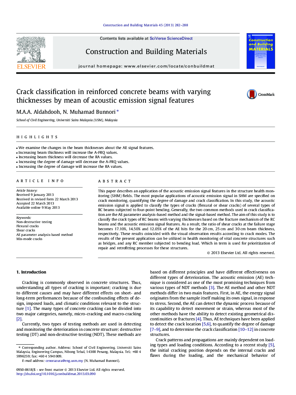 Crack classification in reinforced concrete beams with varying thicknesses by mean of acoustic emission signal features