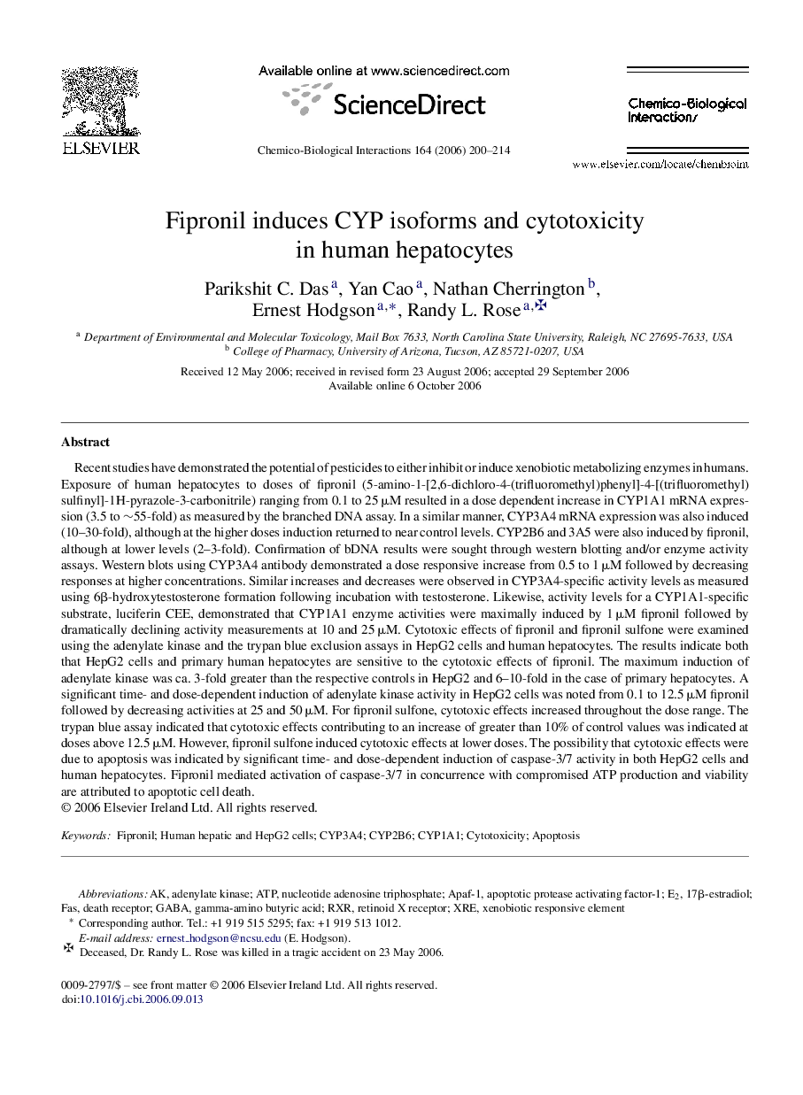 Fipronil induces CYP isoforms and cytotoxicity in human hepatocytes