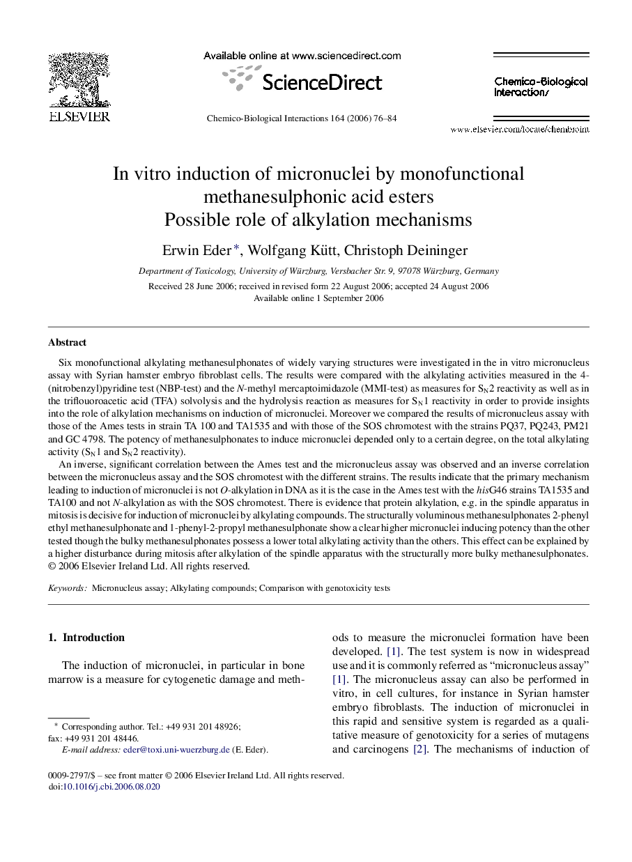 In vitro induction of micronuclei by monofunctional methanesulphonic acid esters: Possible role of alkylation mechanisms