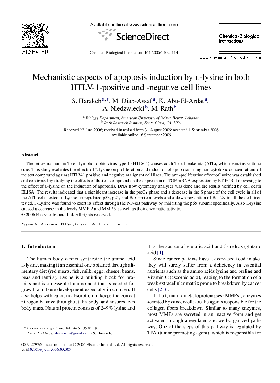 Mechanistic aspects of apoptosis induction by l-lysine in both HTLV-1-positive and -negative cell lines