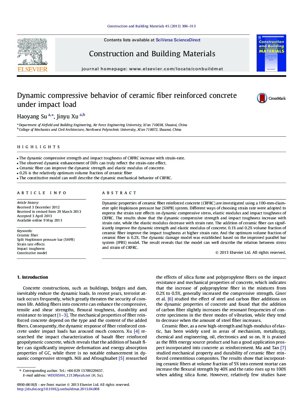 Dynamic compressive behavior of ceramic fiber reinforced concrete under impact load