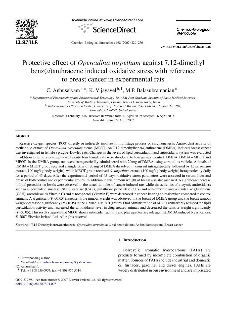 عکس صفحه اول مقاله: Protective effect of Operculina turpethum against 7,12-dimethyl benz(a)anthracene induced oxidative stress with reference to breast cancer in experimental rats Protective effect of Operculina turpethum against 7,12-dimethyl benz(a)anthracene induced oxidative stress with reference to breast cancer in experimental rats