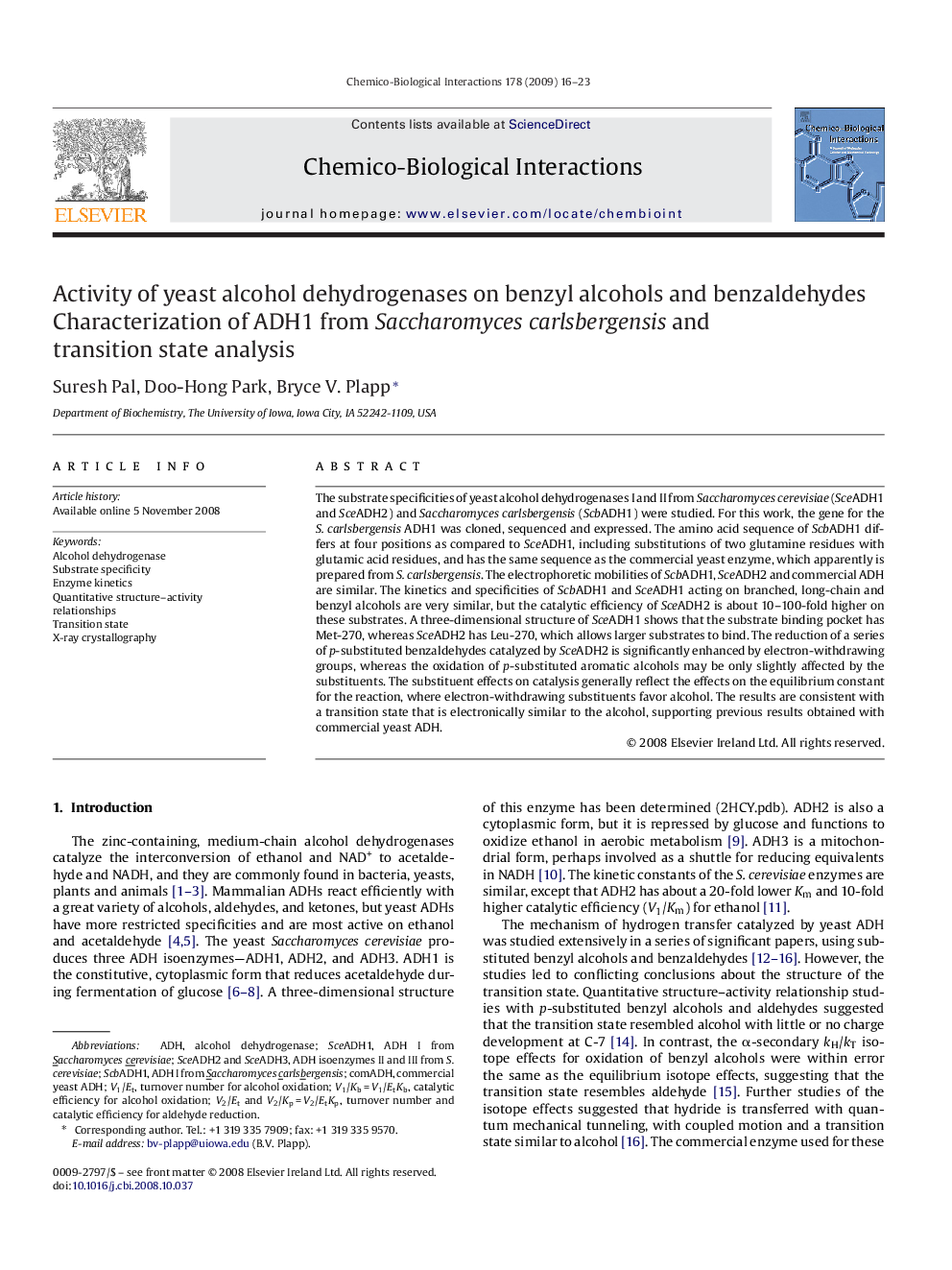 Activity of yeast alcohol dehydrogenases on benzyl alcohols and benzaldehydes: Characterization of ADH1 from Saccharomyces carlsbergensis and transition state analysis