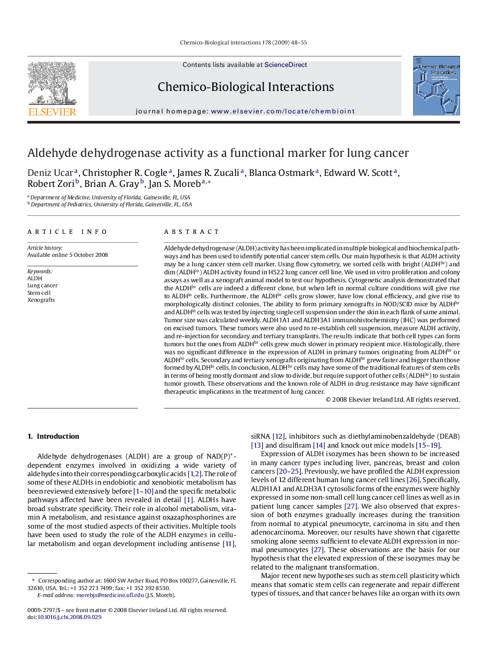 Aldehyde dehydrogenase activity as a functional marker for lung cancer