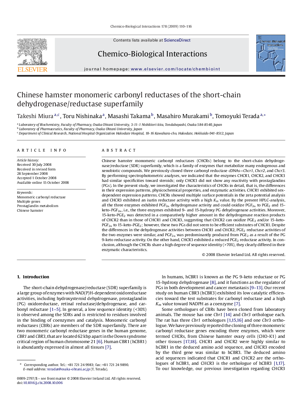 Chinese hamster monomeric carbonyl reductases of the short-chain dehydrogenase/reductase superfamily