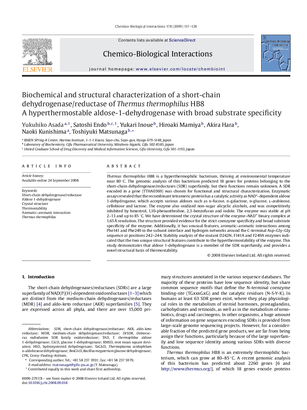 Biochemical and structural characterization of a short-chain dehydrogenase/reductase of Thermus thermophilus HB8: A hyperthermostable aldose-1-dehydrogenase with broad substrate specificity