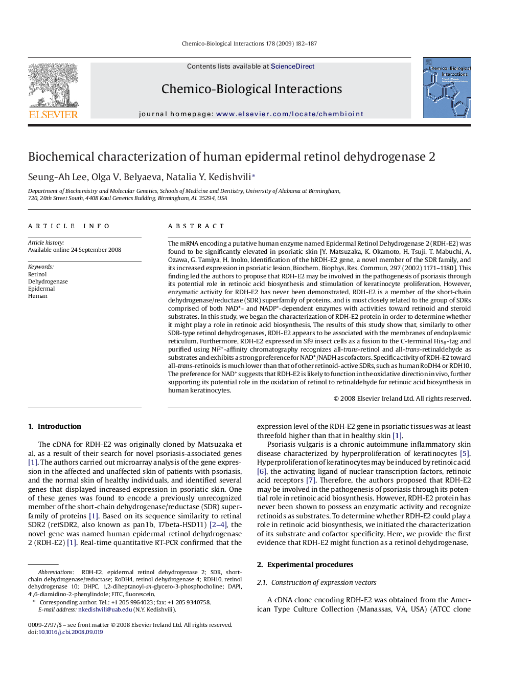 Biochemical characterization of human epidermal retinol dehydrogenase 2