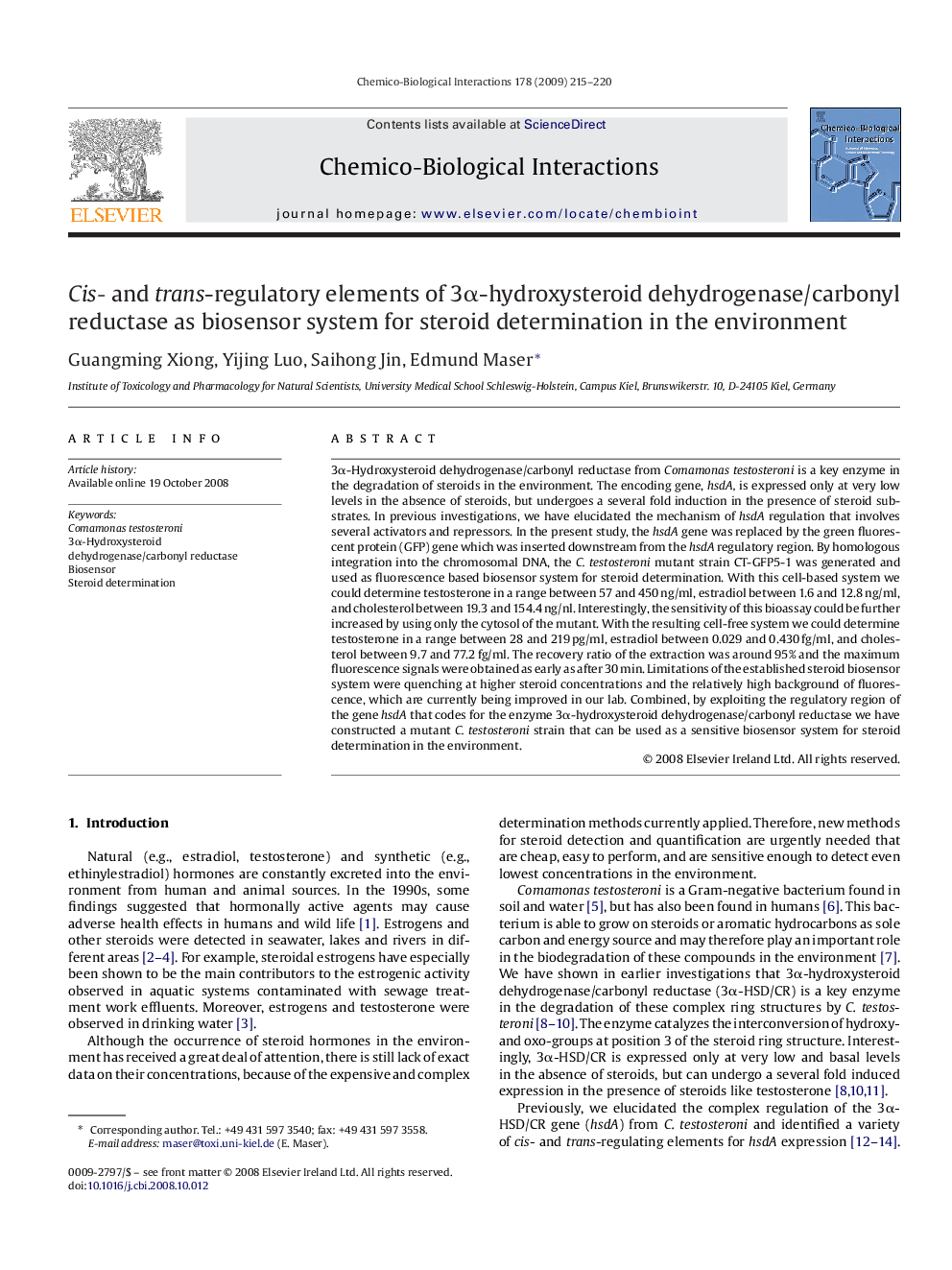 Cis- and trans-regulatory elements of 3α-hydroxysteroid dehydrogenase/carbonyl reductase as biosensor system for steroid determination in the environment