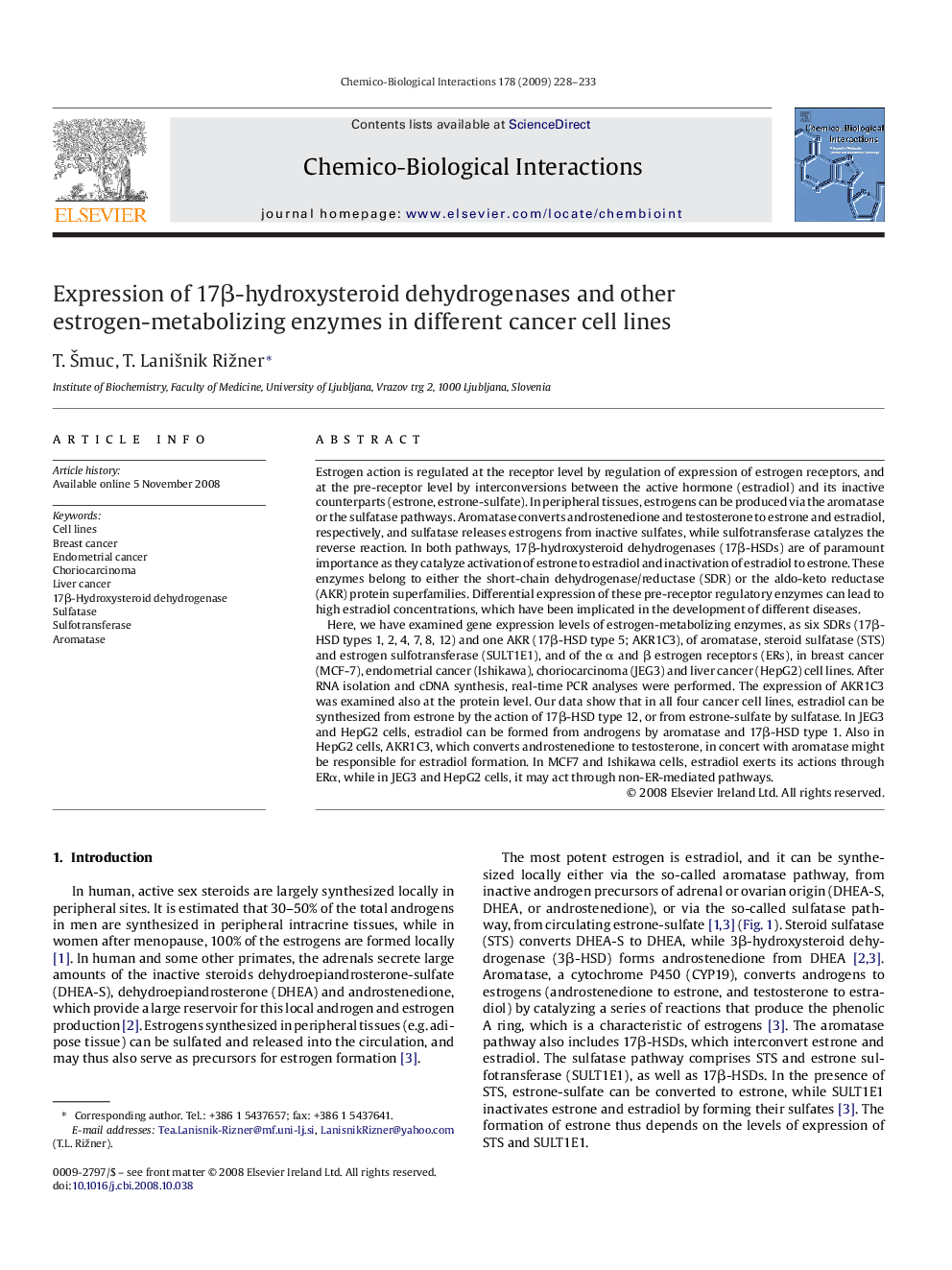 Expression of 17β-hydroxysteroid dehydrogenases and other estrogen-metabolizing enzymes in different cancer cell lines