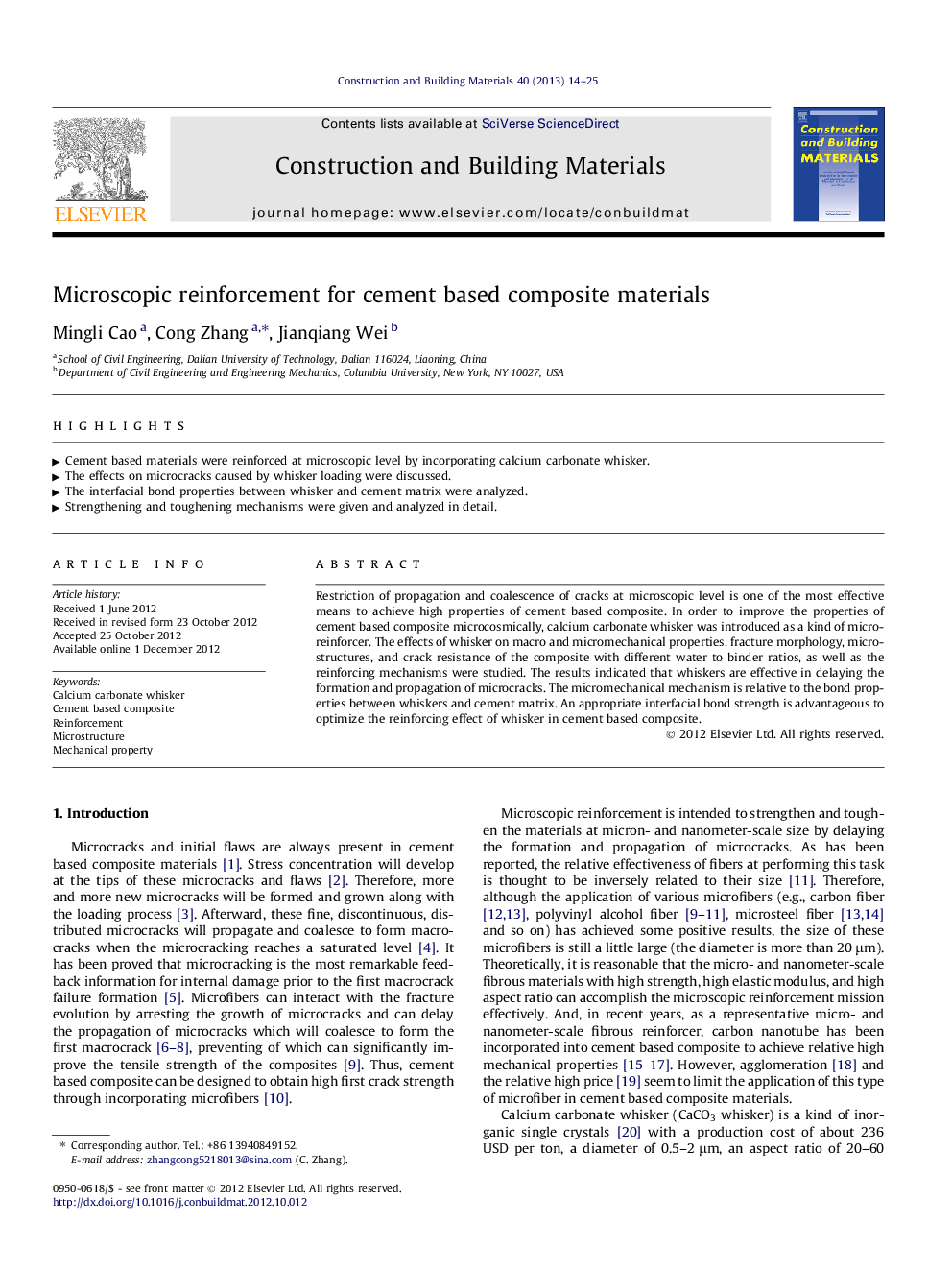 Microscopic reinforcement for cement based composite materials