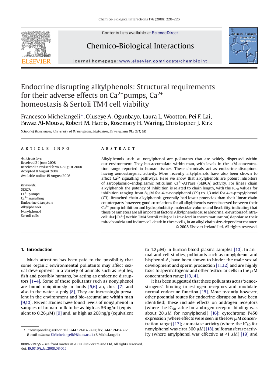 Endocrine disrupting alkylphenols: Structural requirements for their adverse effects on Ca2+pumps, Ca2+ homeostasis & Sertoli TM4 cell viability