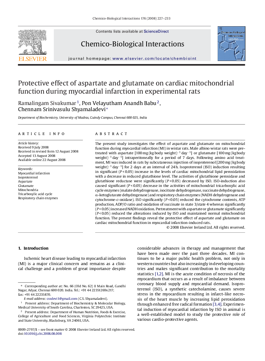 Protective effect of aspartate and glutamate on cardiac mitochondrial function during myocardial infarction in experimental rats