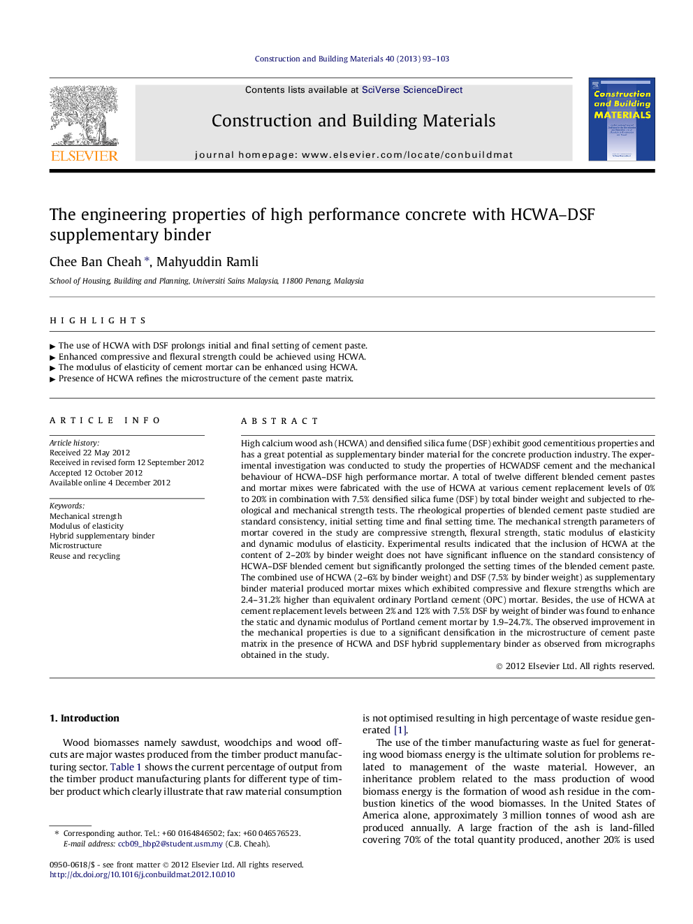 The engineering properties of high performance concrete with HCWA–DSF supplementary binder