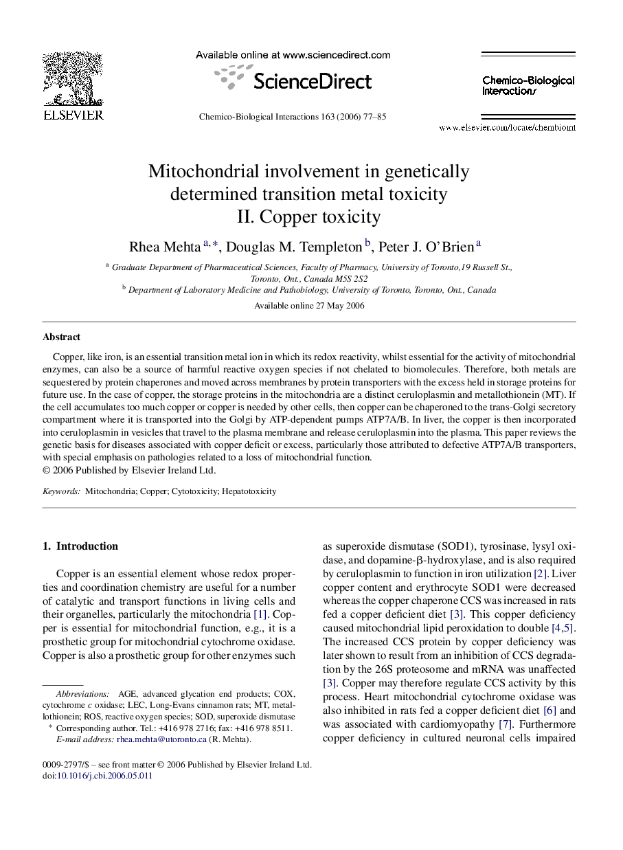 Mitochondrial involvement in genetically determined transition metal toxicity