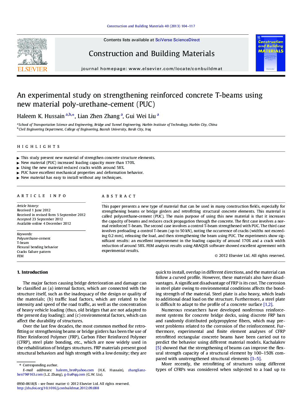An experimental study on strengthening reinforced concrete T-beams using new material poly-urethane-cement (PUC)