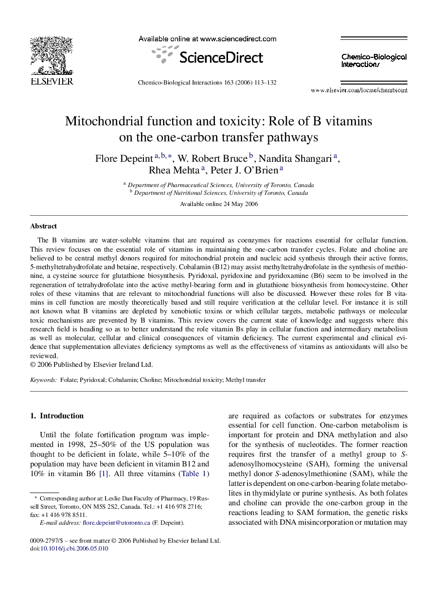 Mitochondrial function and toxicity: Role of B vitamins on the one-carbon transfer pathways