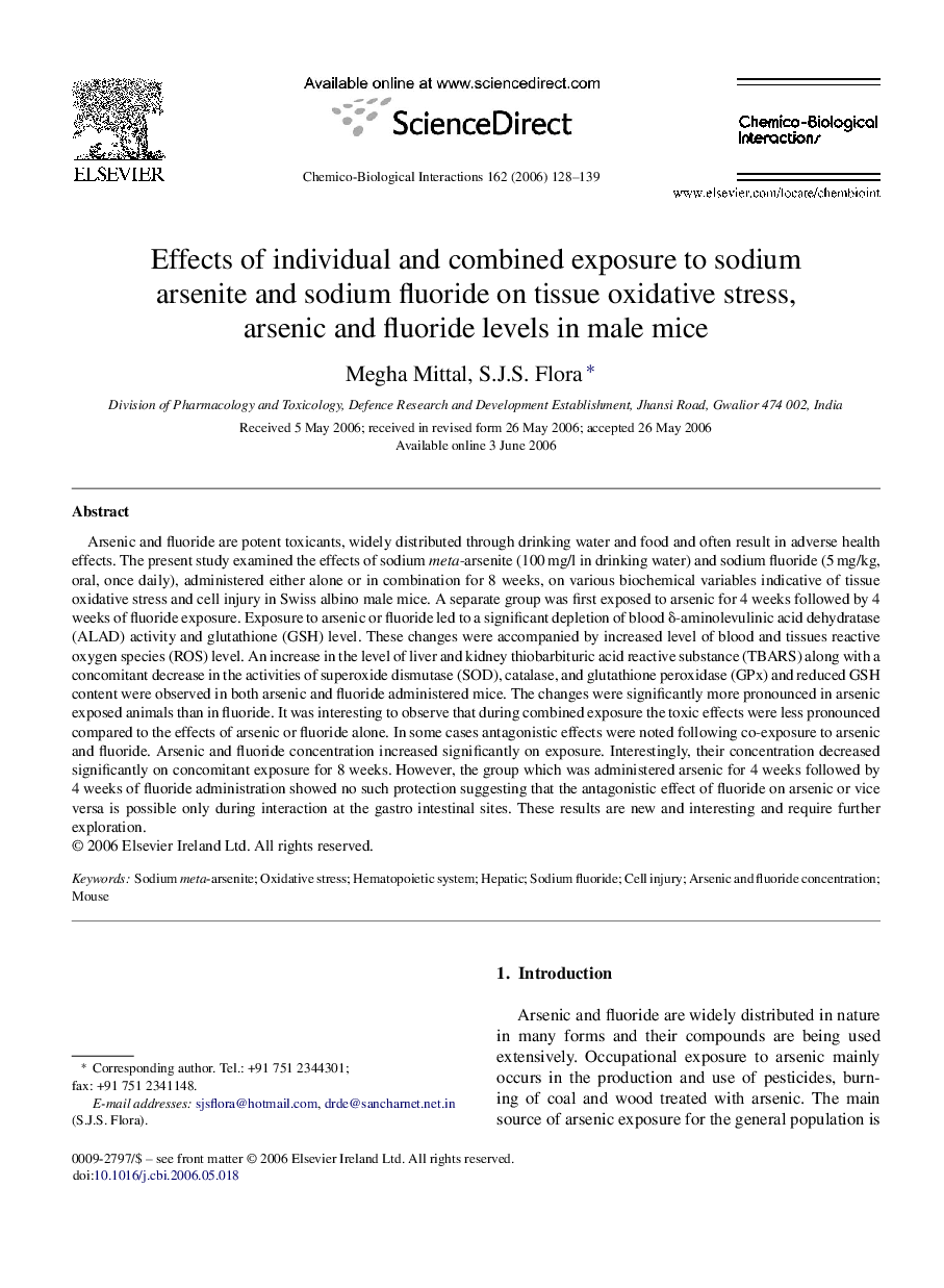 Effects of individual and combined exposure to sodium arsenite and sodium fluoride on tissue oxidative stress, arsenic and fluoride levels in male mice