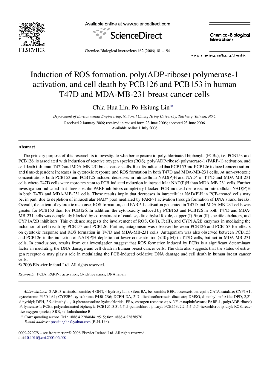 Induction of ROS formation, poly(ADP-ribose) polymerase-1 activation, and cell death by PCB126 and PCB153 in human T47D and MDA-MB-231 breast cancer cells