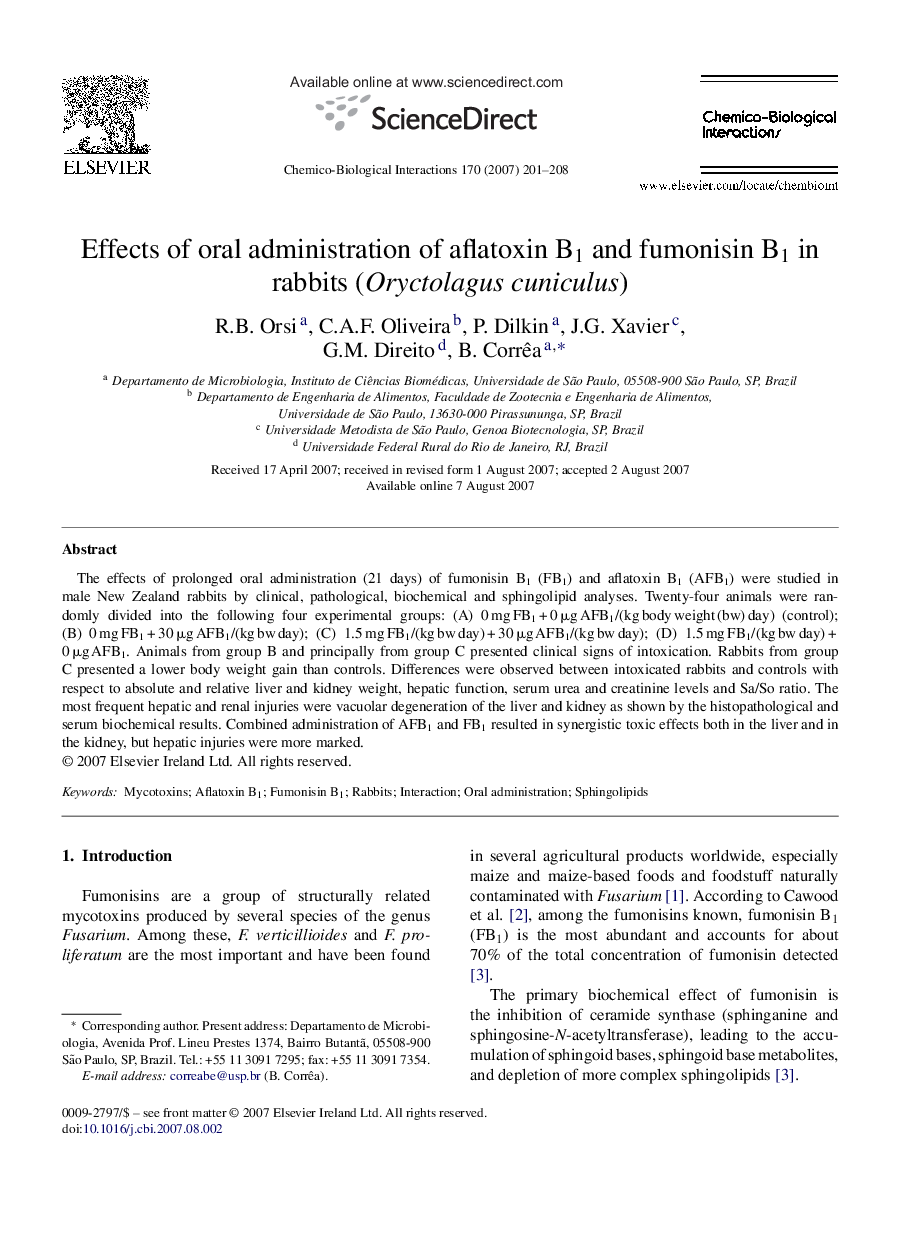 Effects of oral administration of aflatoxin B1 and fumonisin B1 in rabbits (Oryctolagus cuniculus)