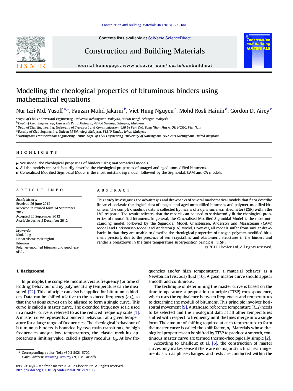 Modelling the rheological properties of bituminous binders using mathematical equations