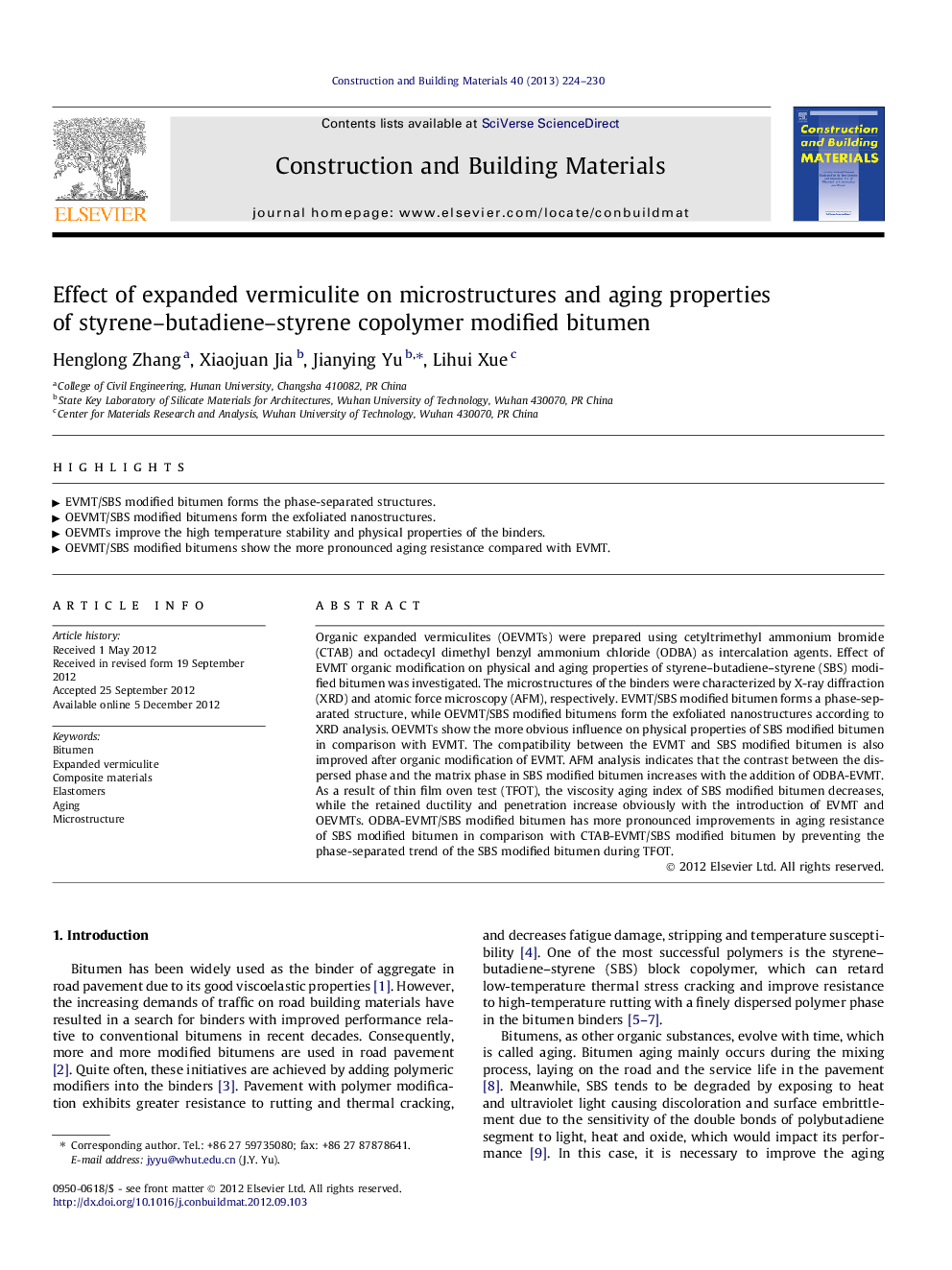 Effect of expanded vermiculite on microstructures and aging properties of styrene–butadiene–styrene copolymer modified bitumen