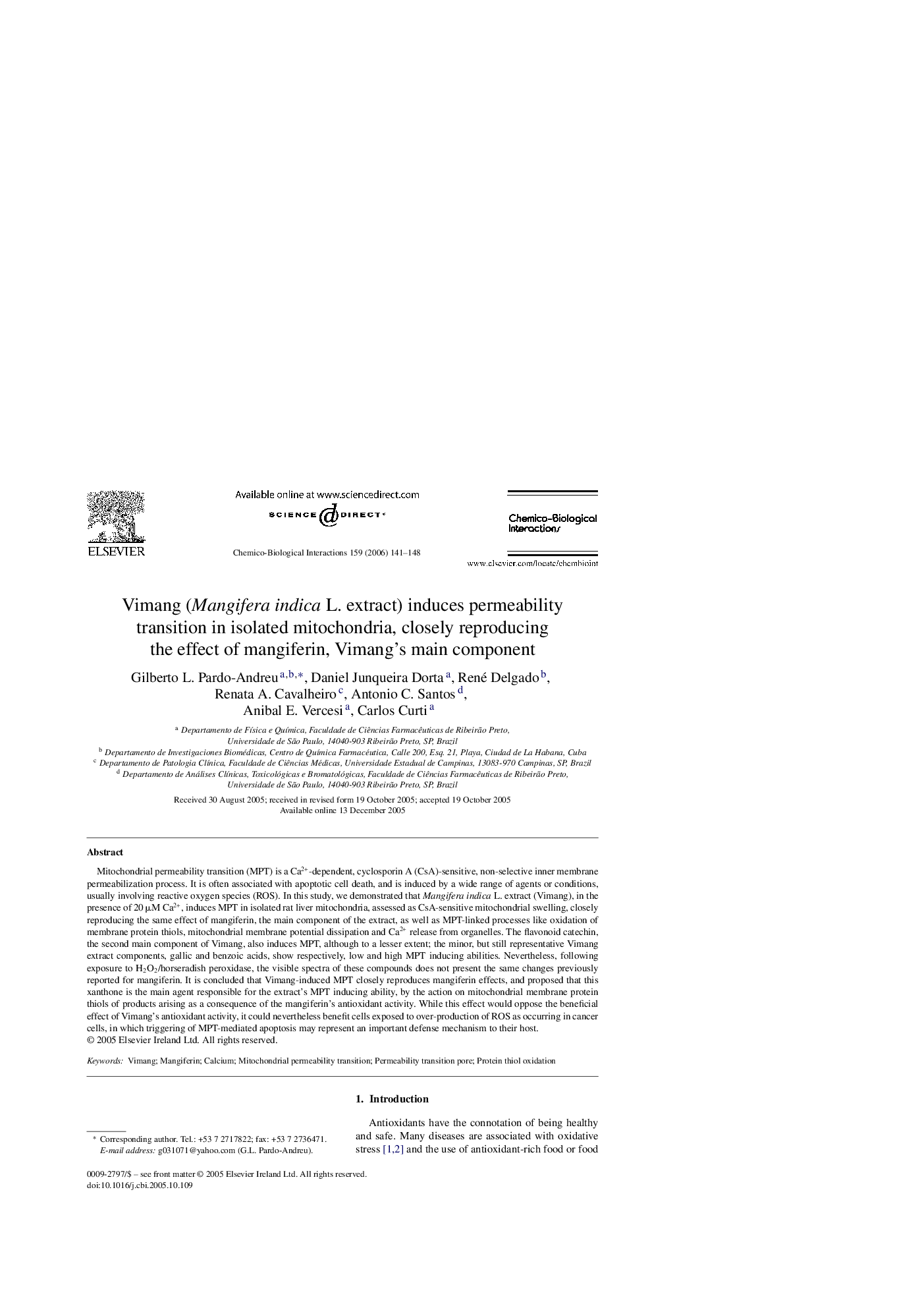 Vimang (Mangifera indica L. extract) induces permeability transition in isolated mitochondria, closely reproducing the effect of mangiferin, Vimang's main component