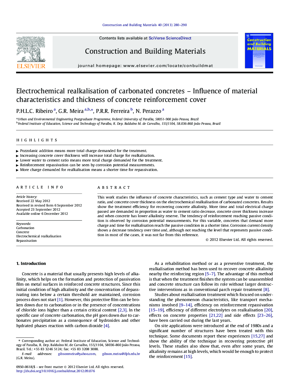 Electrochemical realkalisation of carbonated concretes - Influence of material characteristics and thickness of concrete reinforcement cover