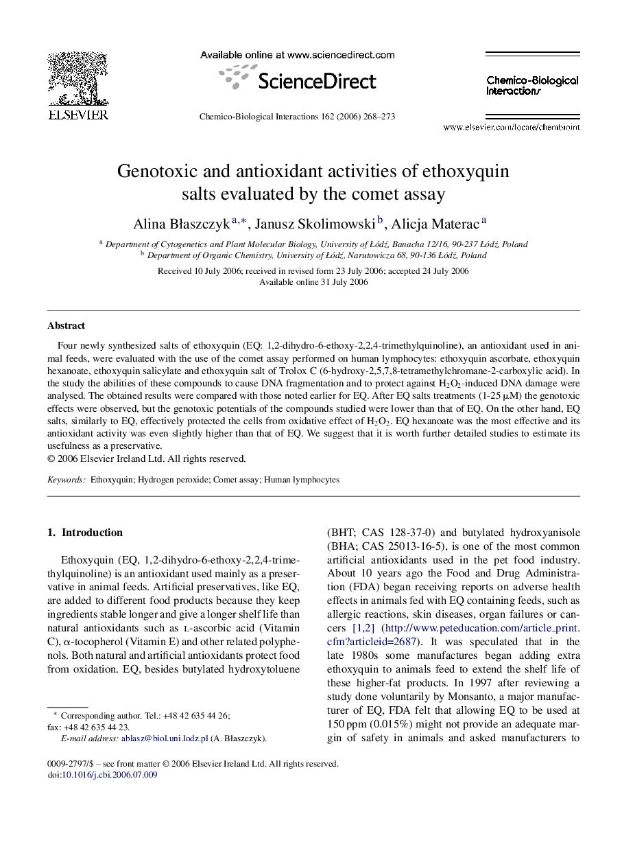 Genotoxic and antioxidant activities of ethoxyquin salts evaluated by the comet assay