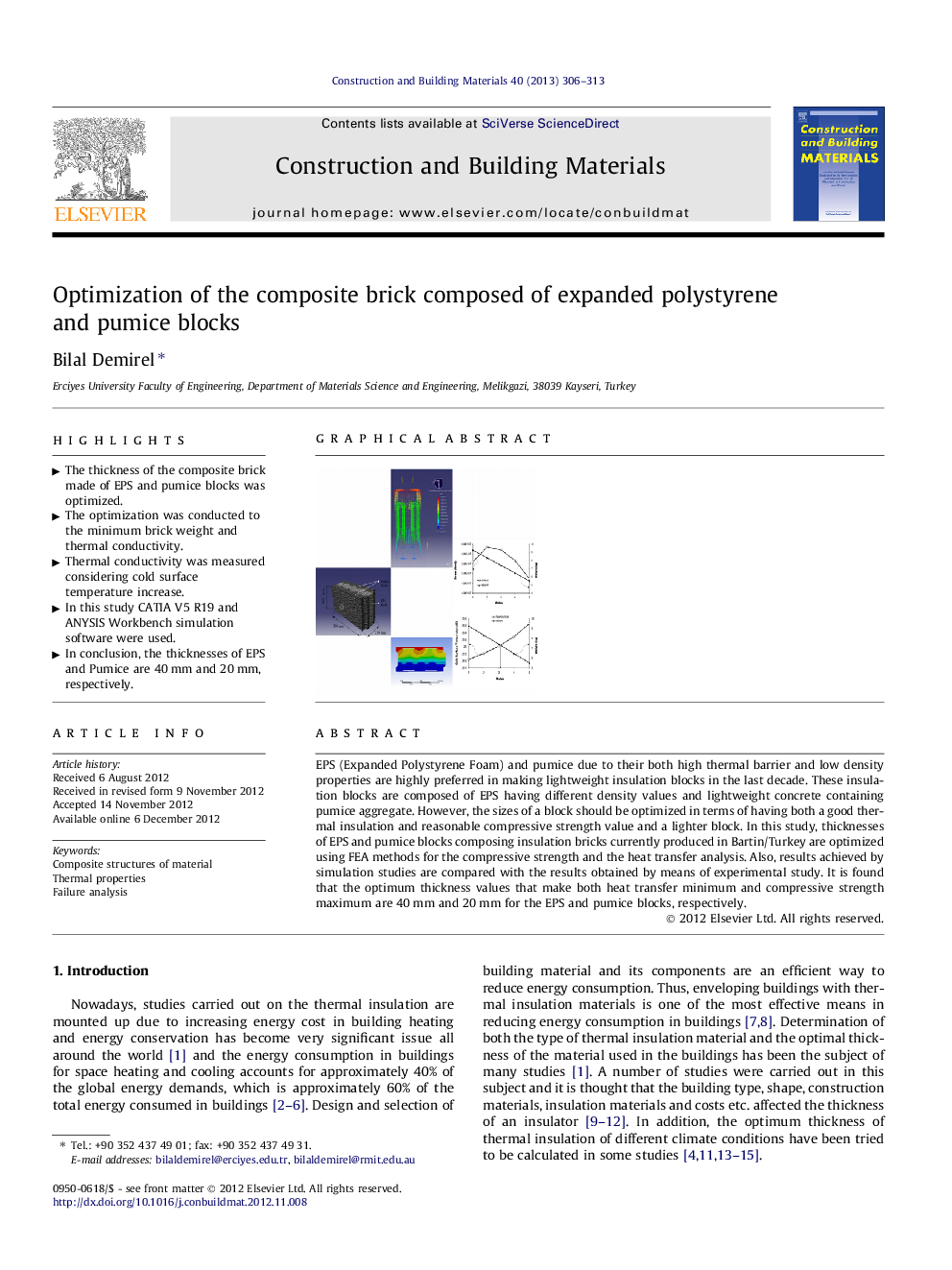 Optimization of the composite brick composed of expanded polystyrene and pumice blocks