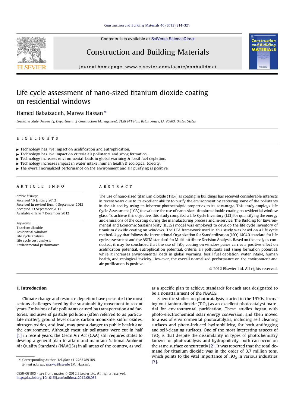 Life cycle assessment of nano-sized titanium dioxide coating on residential windows