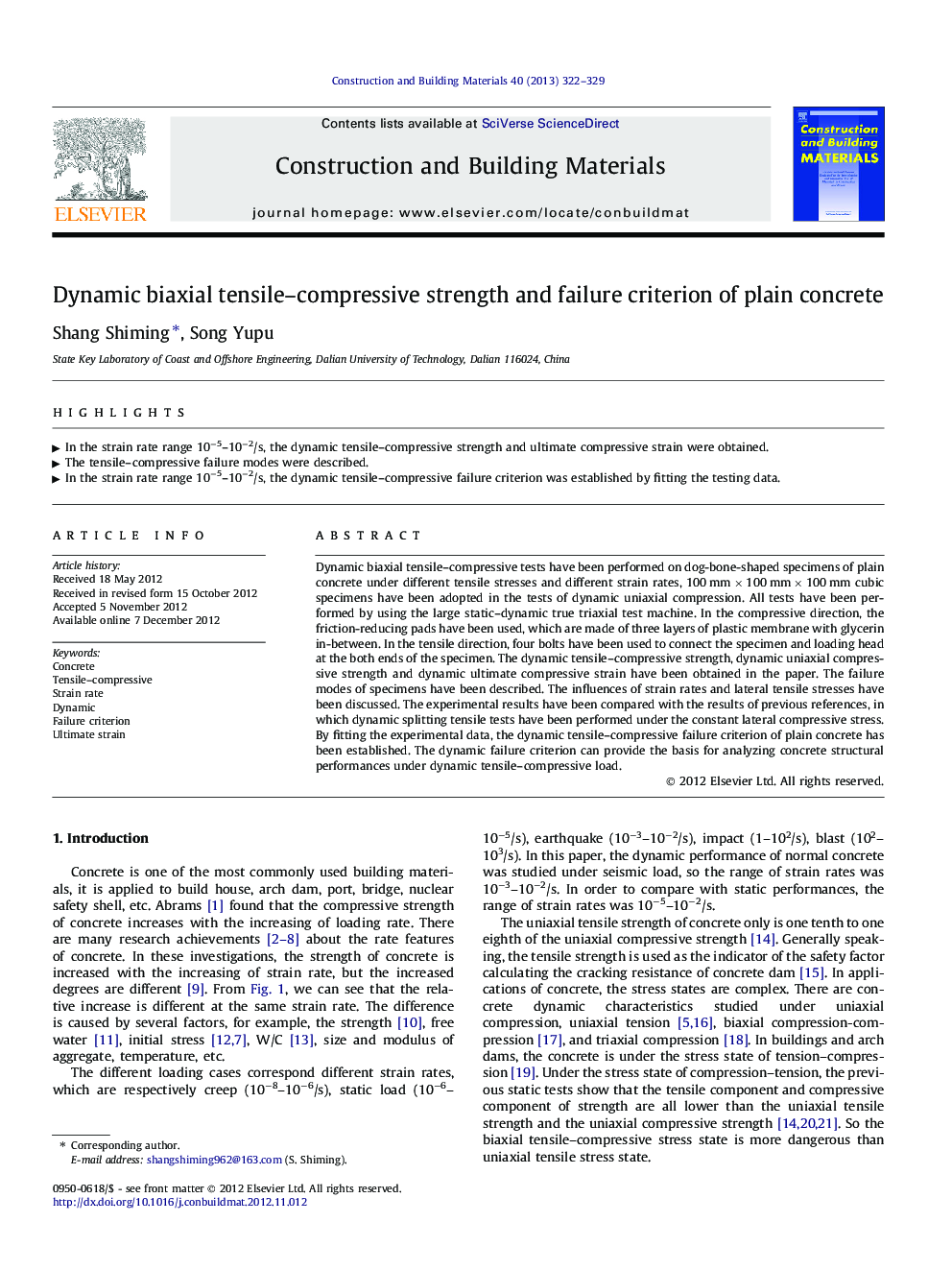Dynamic biaxial tensile–compressive strength and failure criterion of plain concrete