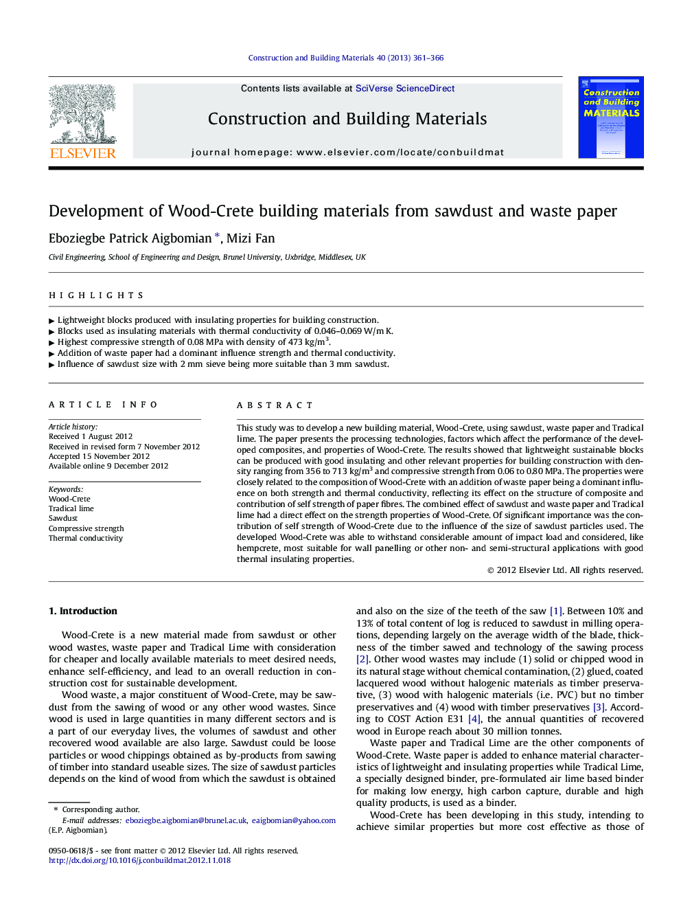 Development of Wood-Crete building materials from sawdust and waste paper