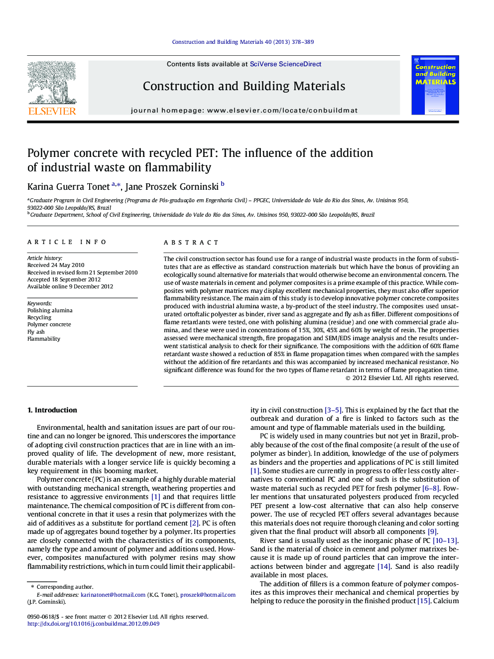 Polymer concrete with recycled PET: The influence of the addition of industrial waste on flammability