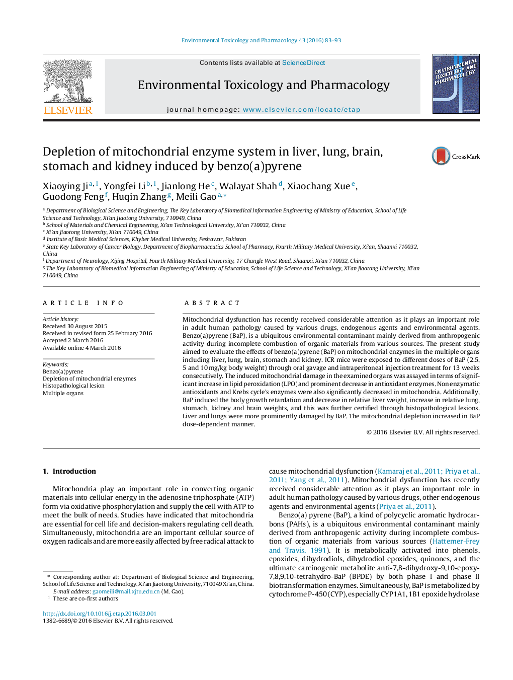 Depletion of mitochondrial enzyme system in liver, lung, brain, stomach and kidney induced by benzo(a)pyrene