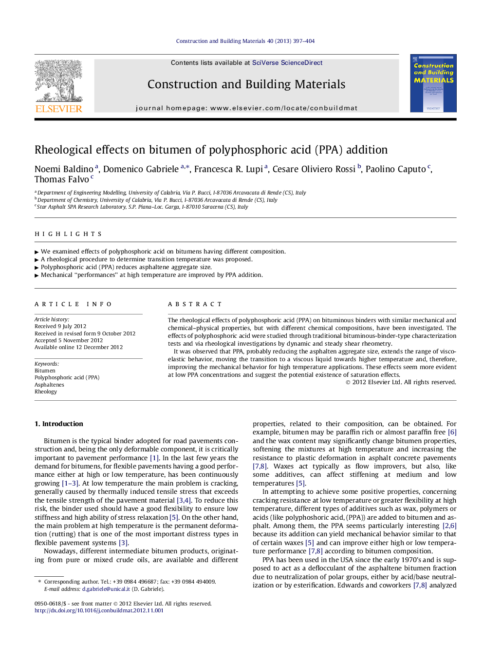 Rheological effects on bitumen of polyphosphoric acid (PPA) addition