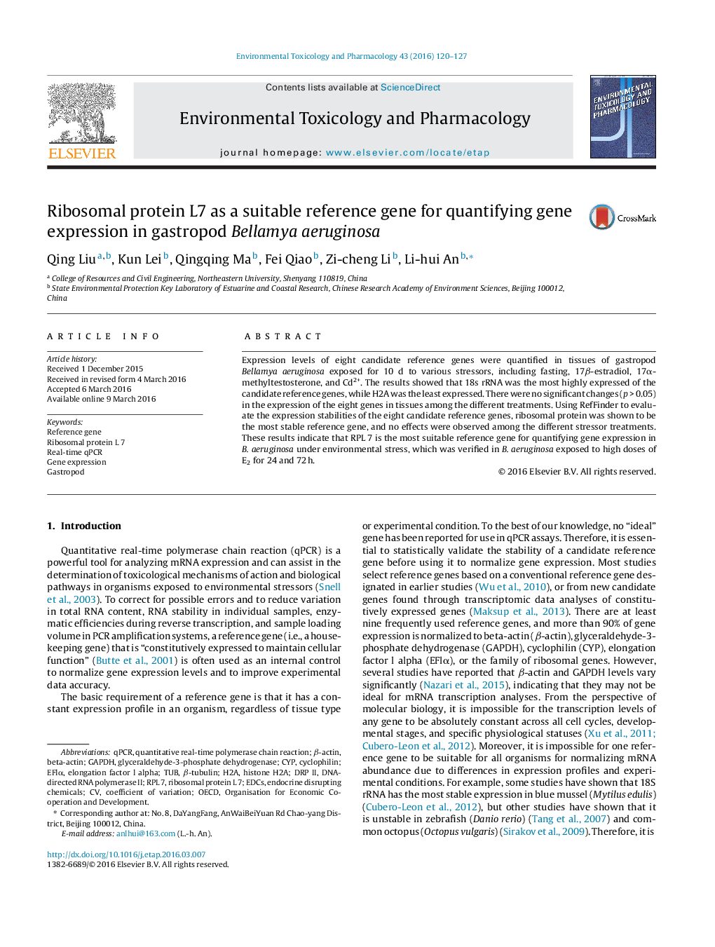 Ribosomal protein L7 as a suitable reference gene for quantifying gene expression in gastropod Bellamya aeruginosa